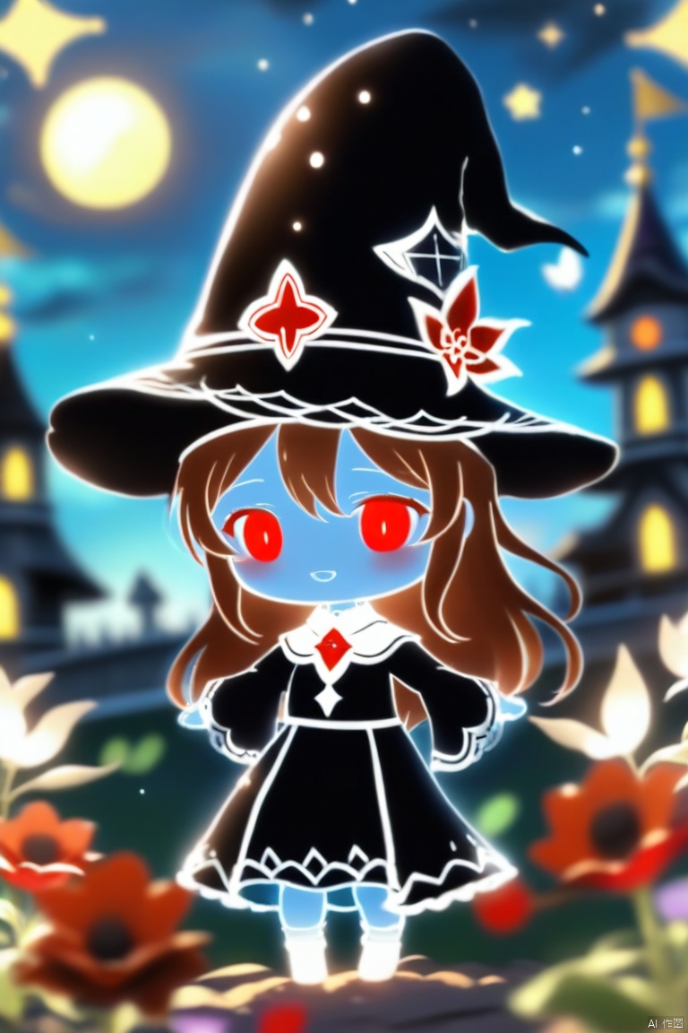 1girl, hat, solo, witch_hat, moon, dress, flower, blurry, long_hair, black_dress, depth_of_field, outdoors, red_eyes, long_sleeves, blurry_background, colored_skin, night, brown_hair, looking_at_viewer, chibi, black_headwear, sky, full_moon, blue_flower, wide_sleeves, parted_lips, hand_up, standing, witch, crescent, night_sky, tower