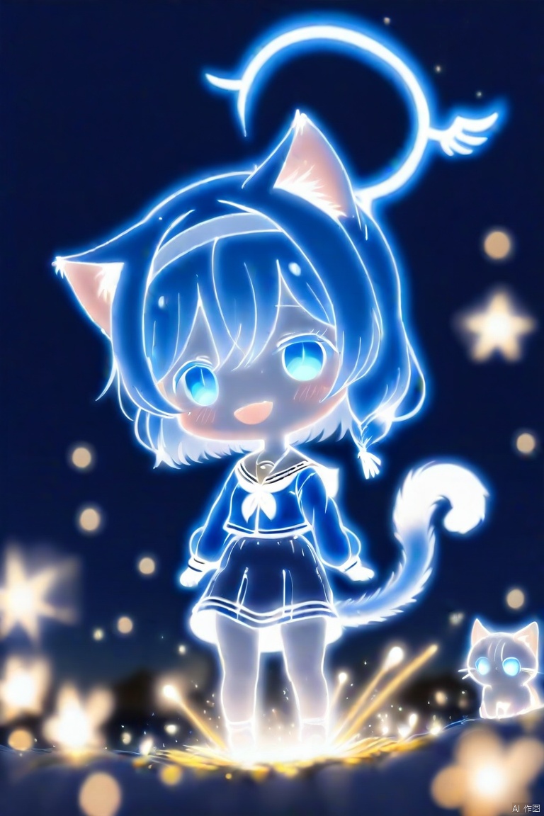 1girl, animal_ears, cat_ears, solo, cat_tail, halo, arona_\(blue_archive\), tail, skirt, chibi, fireworks, blue_eyes, cat_girl, blue_hair, sailor_collar, braid, kemonomimi_mode, looking_at_viewer, school_uniform, animal_ear_fluff, smile, open_mouth, shirt, long_sleeves, full_body, hairband, fang, serafuku, blue_halo, blush, short_hair, pleated_skirt, standing, glowing, single_braid, bow, white_sailor_collar, multicolored_hair, choker
