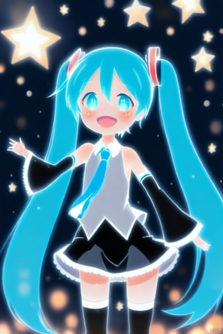 1girl, hatsune_miku, solo, twintails, skirt, long_hair, necktie, detached_sleeves, pleated_skirt, shirt, smile, very_long_hair, sleeveless_shirt, star_\(symbol\), open_mouth, sleeveless, collared_shirt, :d, hair_between_eyes, outstretched_arms, thighhighs, wide_sleeves, black_skirt, long_sleeves, looking_at_viewer, bare_shoulders, glowing, aqua_eyes, hair_ornament, standing, blue_hair, blurry, tie_clip