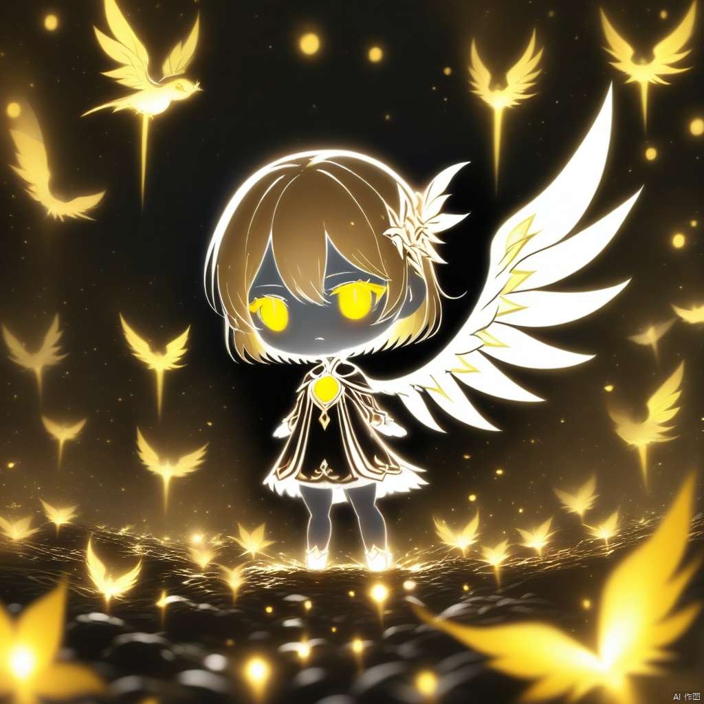 1girl, wings, chibi, solo, glowing, short_hair, yellow_eyes, looking_at_viewer, full_body, standing, hair_ornament, :<, closed_mouth, glowing_eyes, hair_between_eyes