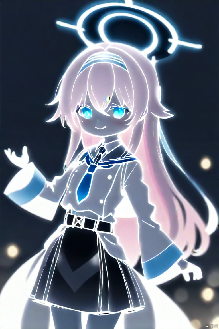 1girl, hoshino_\(blue_archive\), heterochromia, halo, solo, skirt, blue_eyes, pink_hair, shirt, long_hair, ahoge, gloves, white_shirt, black_gloves, fingerless_gloves, long_sleeves, pleated_skirt, blue_necktie, necktie, collared_shirt, socks, plaid, chibi, plaid_skirt, black_skirt, very_long_hair, white_socks, hair_between_eyes, puffy_long_sleeves, looking_at_viewer, full_body, standing, depth_of_field, blurry, closed_mouth, puffy_sleeves, red_eyes, hand_up, pink_halo