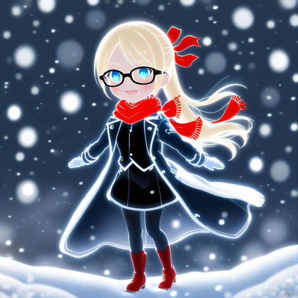 1girl, scarf, glasses, blonde_hair, blue_eyes, snowing, solo, coat, snow, red_scarf, skirt, long_hair, pantyhose, ribbon, hair_ribbon, looking_at_viewer, black_skirt, buttons, ponytail, pleated_skirt, full_body, open_coat, standing