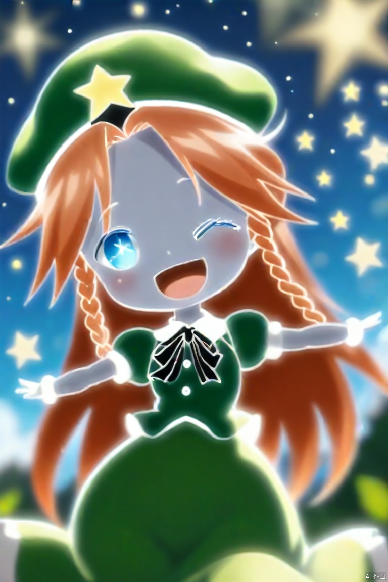1girl, hong_meiling, one_eye_closed, long_hair, solo, braid, hat, star_\(symbol\), star_hat_ornament, twin_braids, hat_ornament, green_headwear, open_mouth, puffy_short_sleeves, chibi, blue_eyes, puffy_sleeves, green_vest, short_sleeves, smile, skirt, vest, shirt, green_skirt, looking_at_viewer, white_shirt, red_hair, wrist_cuffs, beret, frills, orange_hair, collared_shirt, ribbon, parted_bangs, outdoors, blurry, backlighting, glowing_eyes