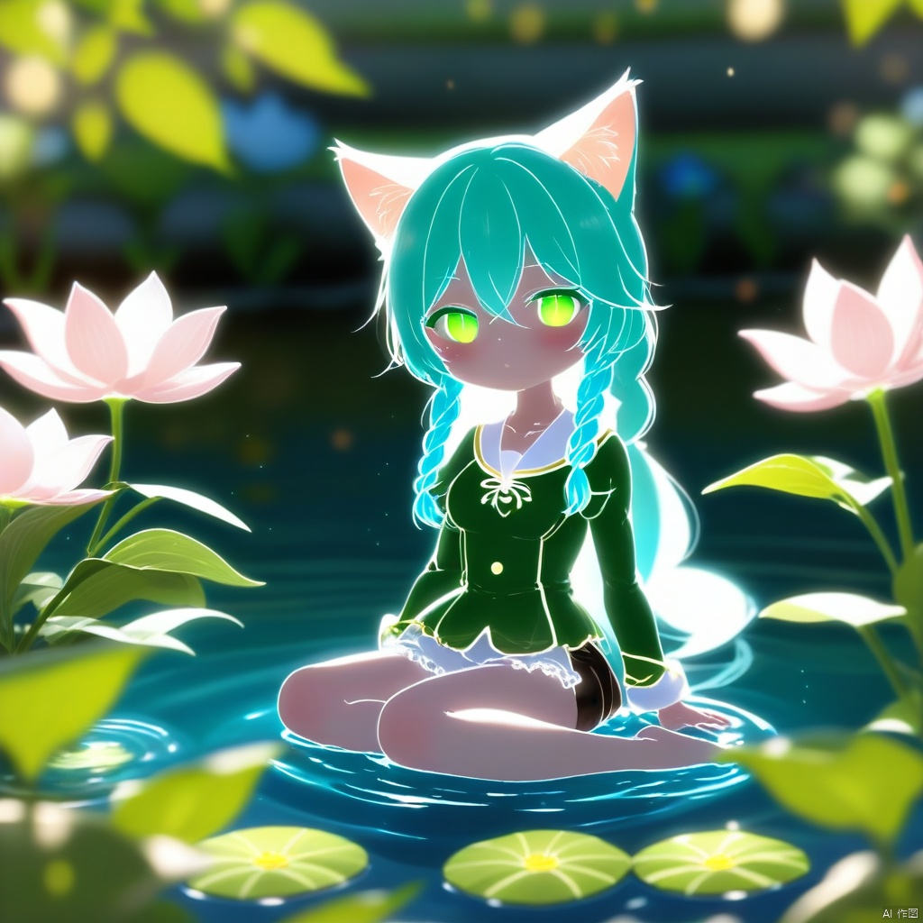 1girl, animal_ears, solo, water, braid, looking_at_viewer, cat_ears, sitting, outdoors, green_eyes, blurry, blush, long_hair, flower, hair_between_eyes, lily_pad, animal_ear_fluff, depth_of_field, blurry_background, parted_lips, sleeveless, pond, dress, single_braid, partially_submerged, leaf, backlighting, bare_shoulders