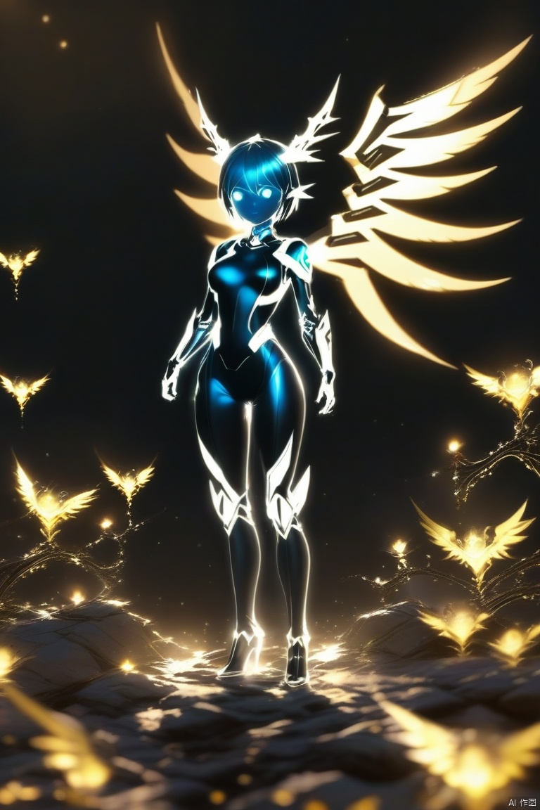 1girl, wings, solo, breasts, mechanical_wings, standing, head_wings, glowing, medium_breasts, full_body, bodysuit, short_hair, arms_at_sides, looking_at_viewer