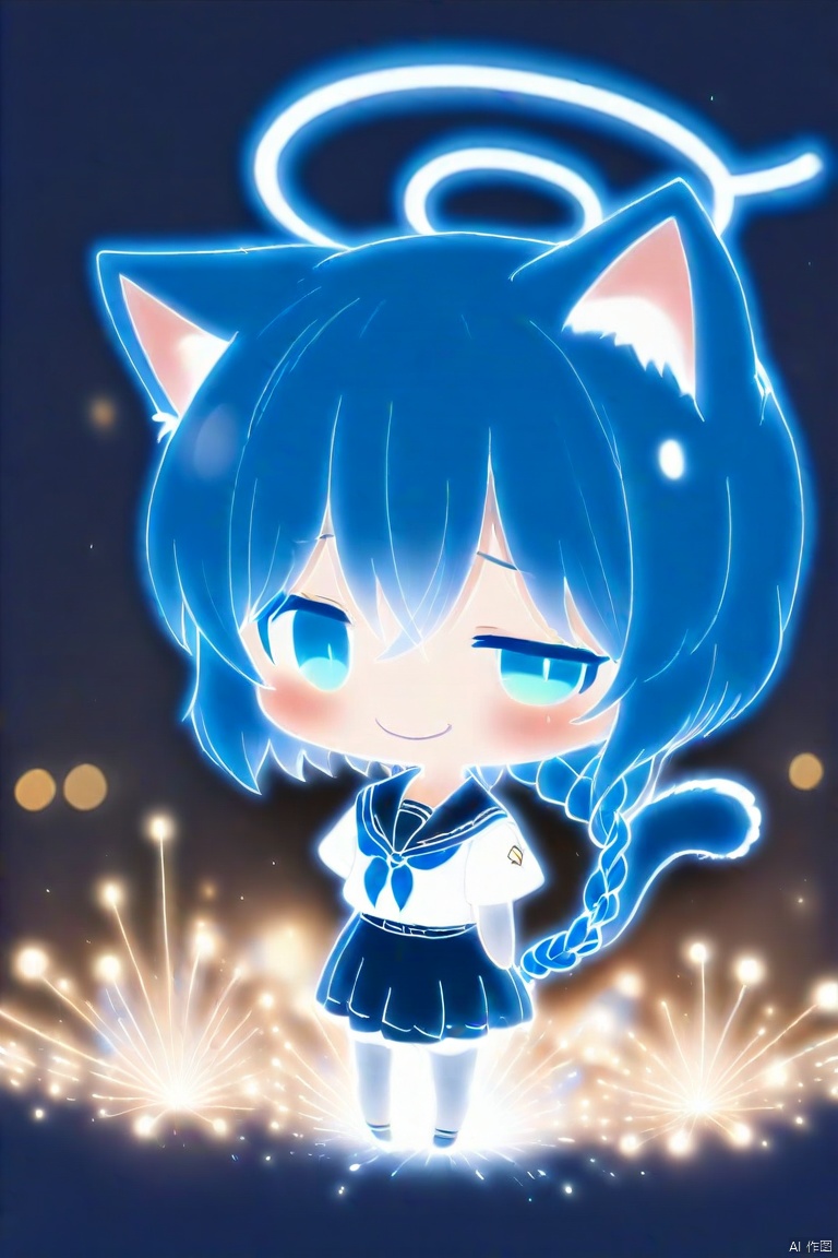 1girl, animal_ears, cat_ears, solo, cat_tail, halo, arona_\(blue_archive\), tail, skirt, chibi, fireworks, blue_eyes, cat_girl, blue_hair, sailor_collar, braid, kemonomimi_mode, looking_at_viewer, school_uniform, animal_ear_fluff, smile, open_mouth, shirt, long_sleeves, full_body, hairband, fang, serafuku, blue_halo, blush, short_hair, pleated_skirt, standing, glowing, single_braid, bow, white_sailor_collar, multicolored_hair, choker