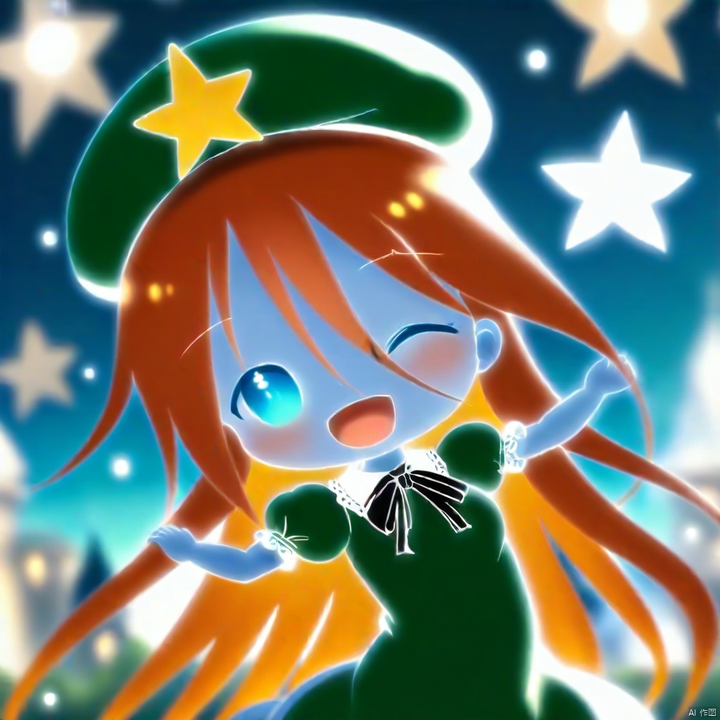 1girl, hong_meiling, one_eye_closed, long_hair, solo, braid, hat, star_\(symbol\), star_hat_ornament, twin_braids, hat_ornament, green_headwear, open_mouth, puffy_short_sleeves, chibi, blue_eyes, puffy_sleeves, green_vest, short_sleeves, smile, skirt, vest, shirt, green_skirt, looking_at_viewer, white_shirt, red_hair, wrist_cuffs, beret, frills, orange_hair, collared_shirt, ribbon, parted_bangs, outdoors, blurry, backlighting, glowing_eyes