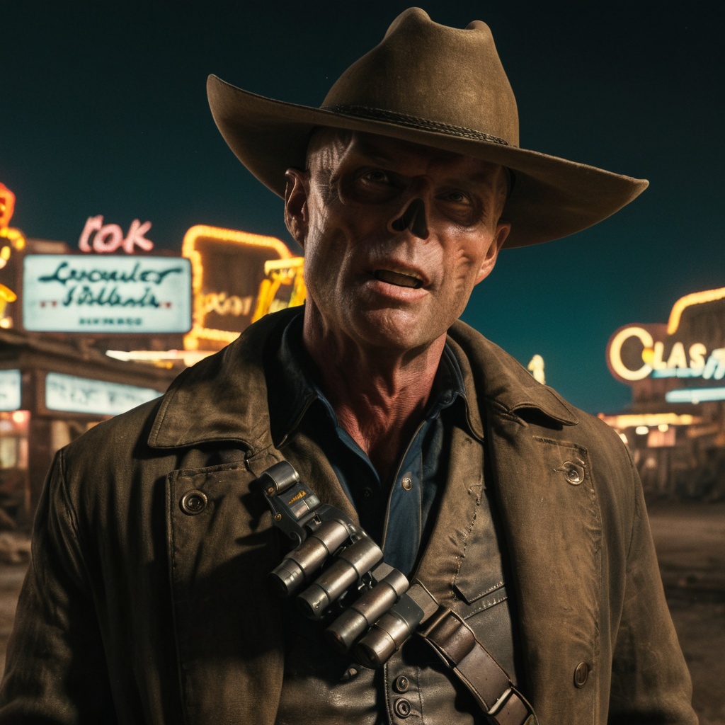 Close up of cooper the ghoul with no nose but otherwise looking like 50 year old Walton Goggins the actor but with smooth...