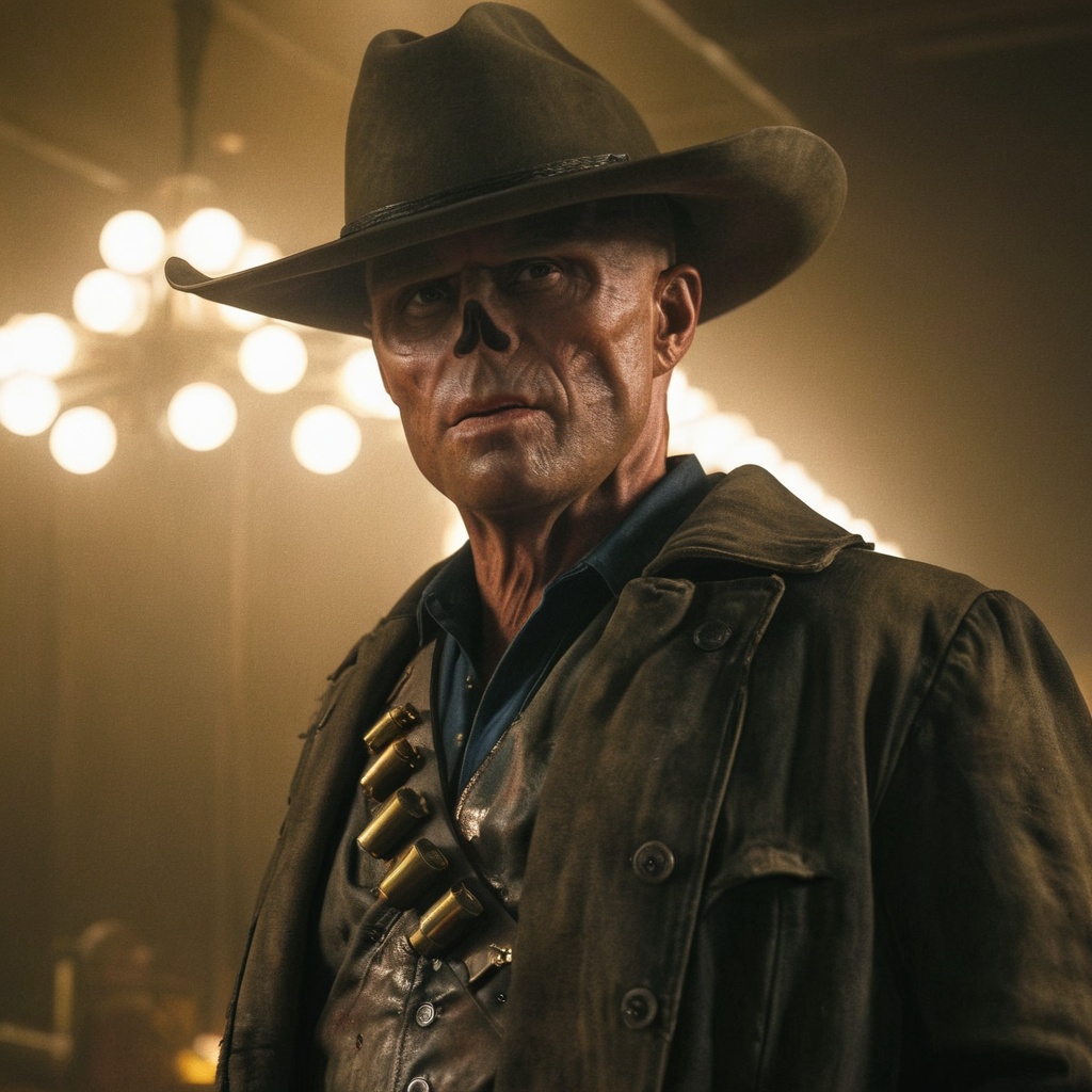 Close up of cooper the ghoul with no nose but otherwise looking like 50 year old Walton Goggins the actor but with smooth...