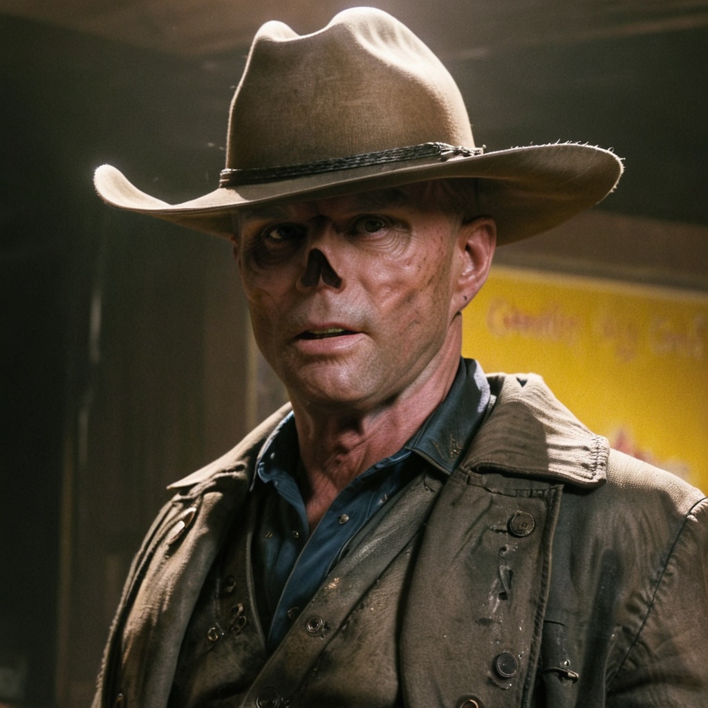 Close up of cooper the ghoul with no nose but otherwise looking like 50 year old Walton Goggins the actor but with smooth...