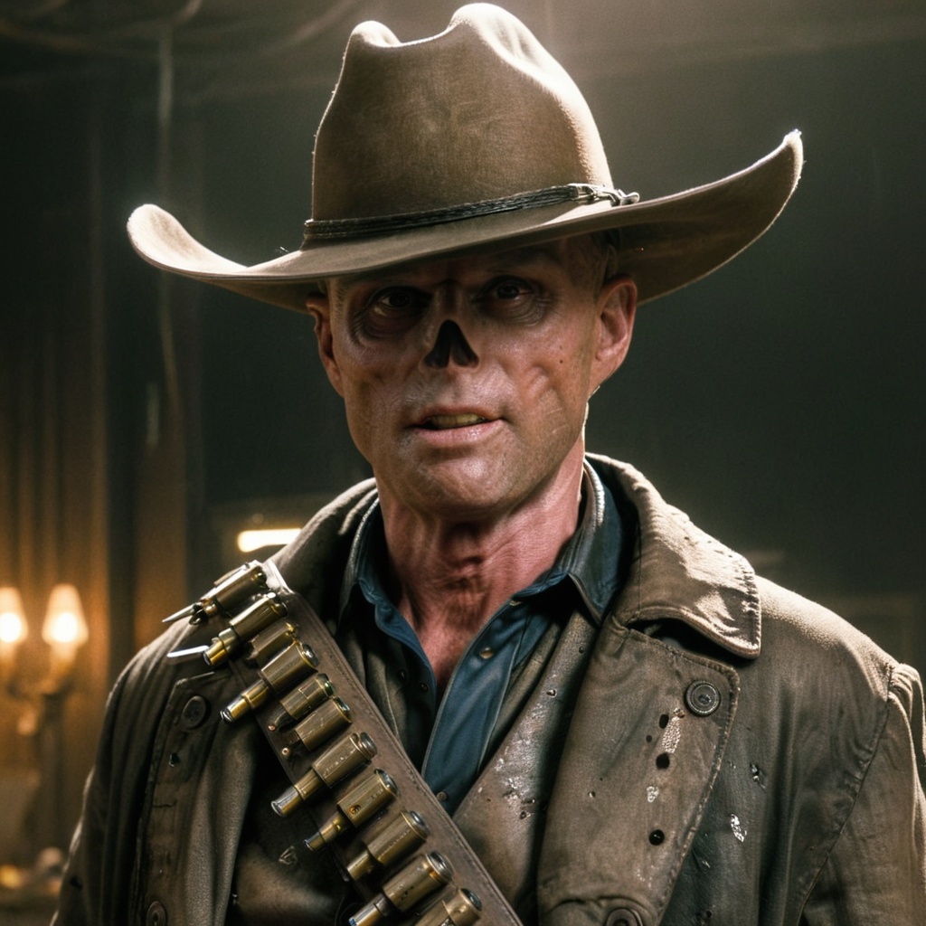 Close up of cooper the ghoul with no nose but otherwise looking like 50 year old Walton Goggins the actor but with smooth...