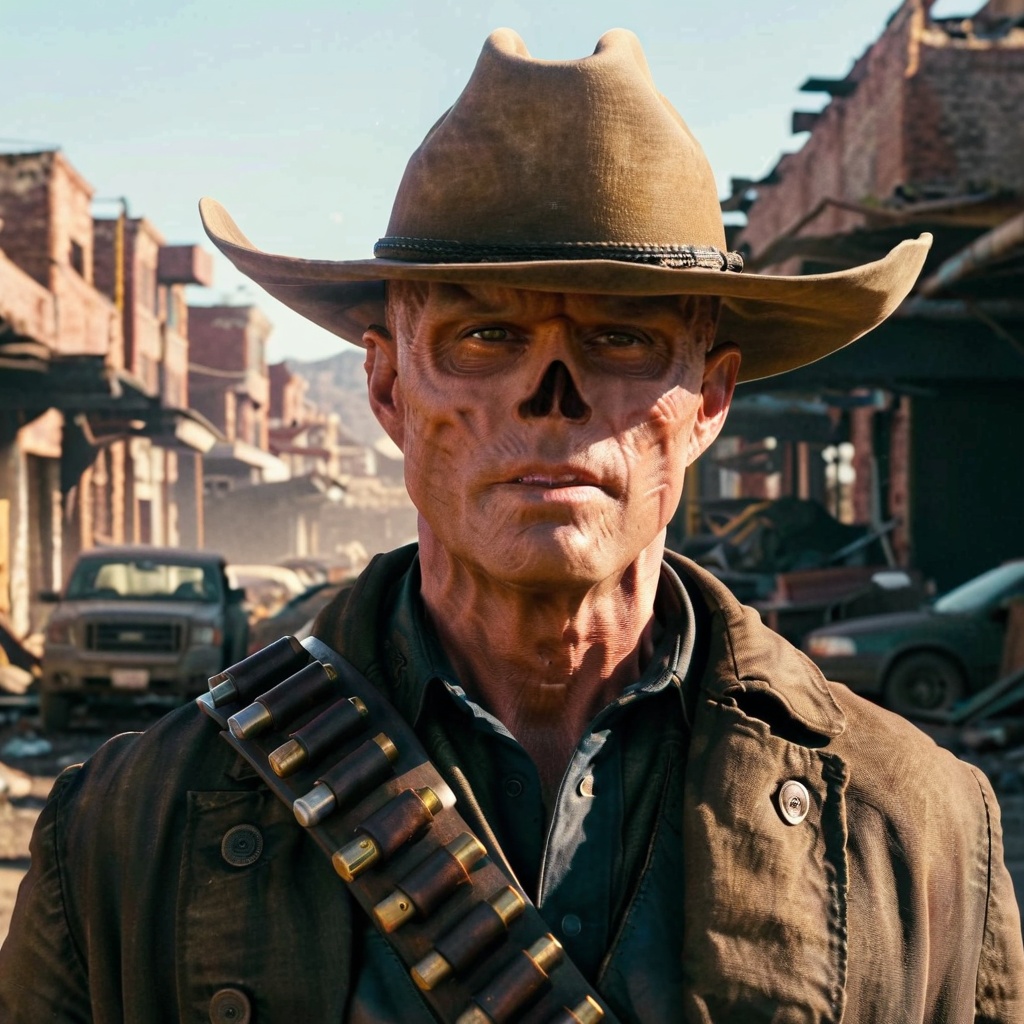 Close up of cooper the ghoul with no nose but otherwise looking like 50 year old Walton Goggins the actor but with smooth...