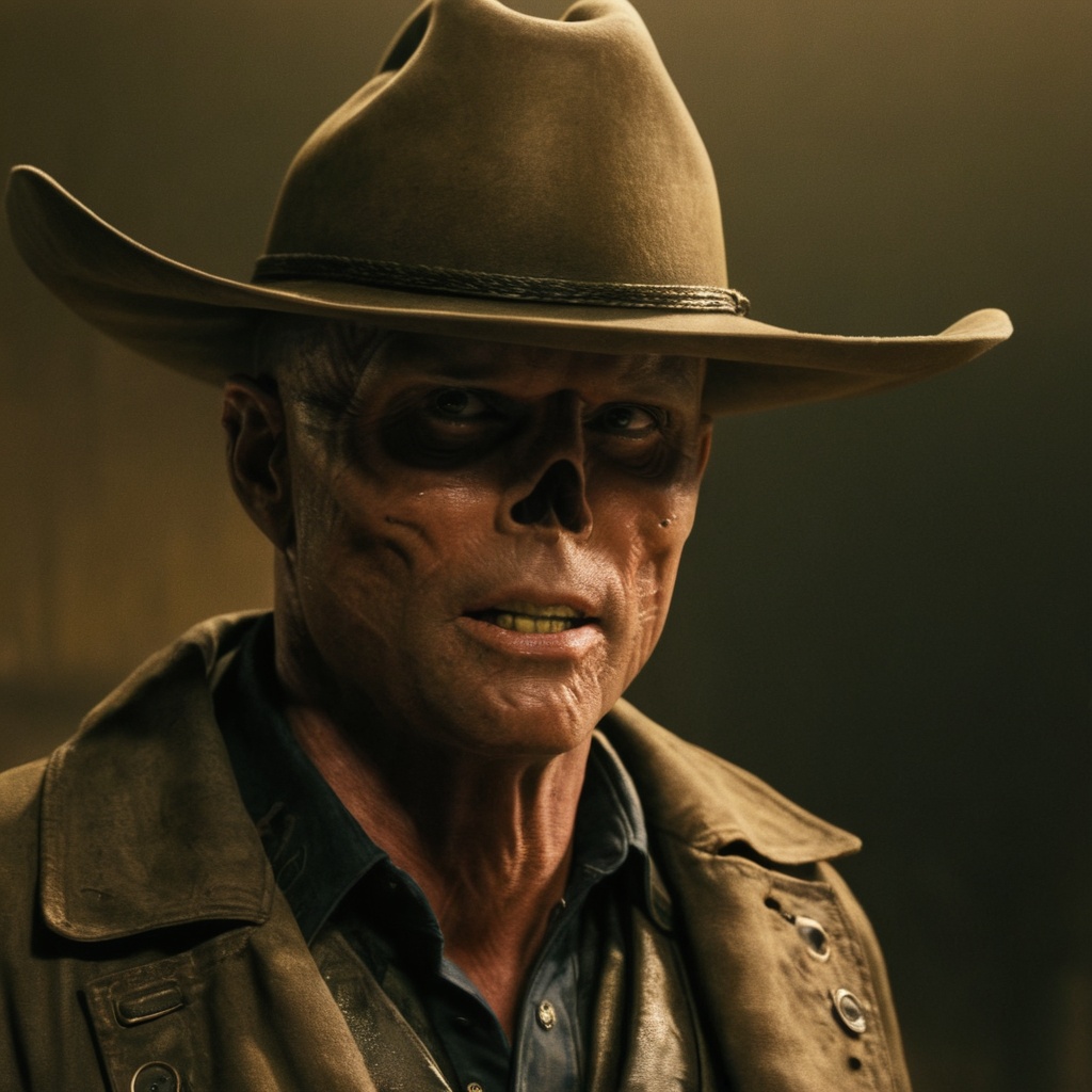 Close up of cooper the ghoul with no nose but otherwise looking like 50 year old Walton Goggins the actor but with smooth...