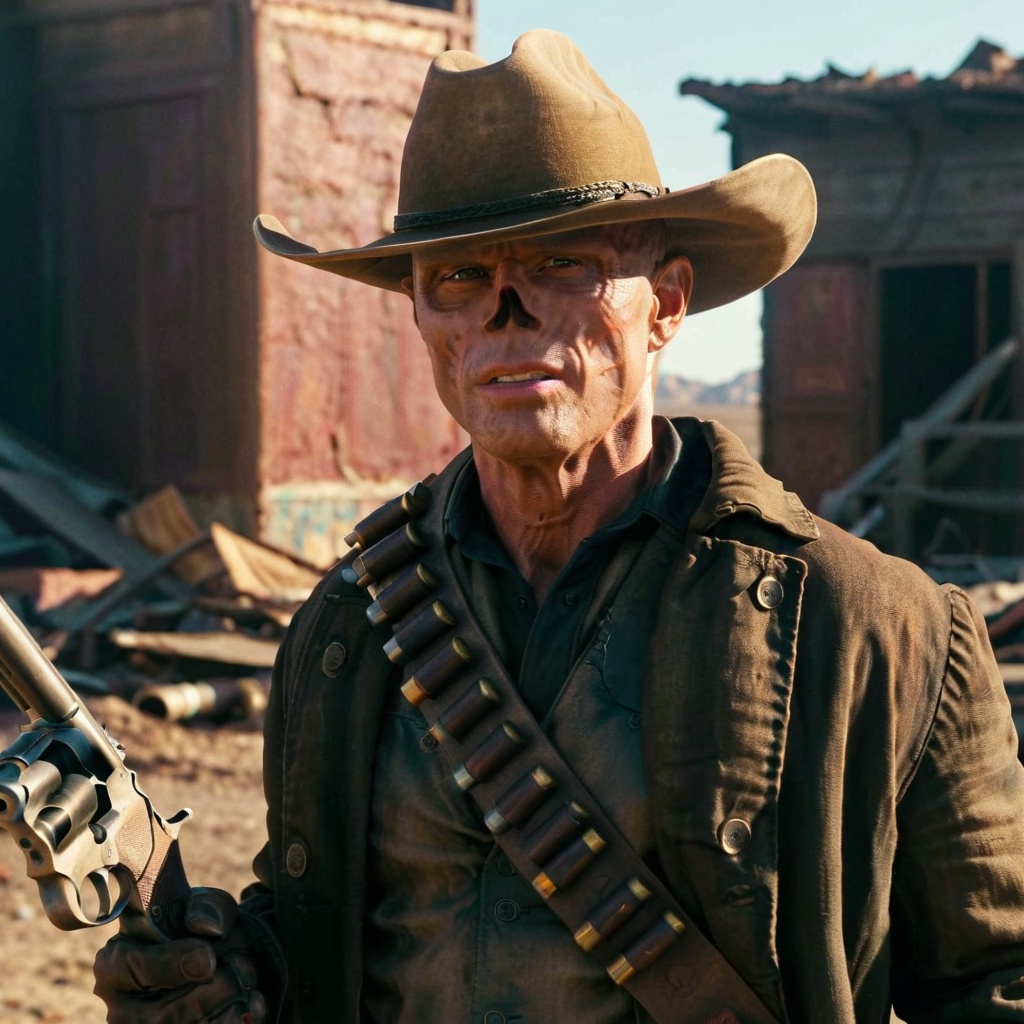Close up of cooper the ghoul with no nose but otherwise looking like 50 year old Walton Goggins the actor but with smooth...