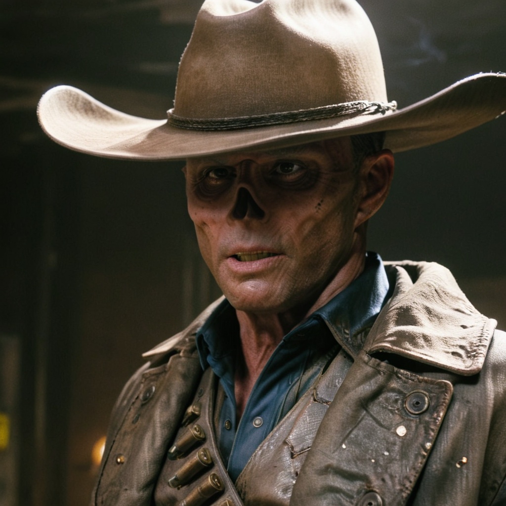 Close up of cooper the ghoul with no nose but otherwise looking like 50 year old Walton Goggins the actor but with smooth...