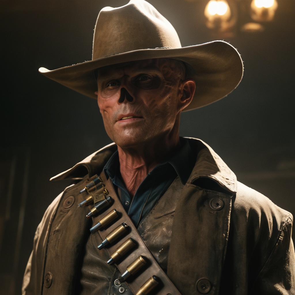 Close up of cooper the ghoul with no nose but otherwise looking like 50 year old Walton Goggins the actor but with smooth...