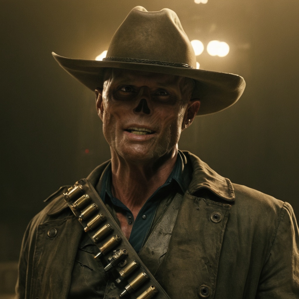 Close up of cooper the ghoul with no nose but otherwise looking like 50 year old Walton Goggins the actor but with smooth...