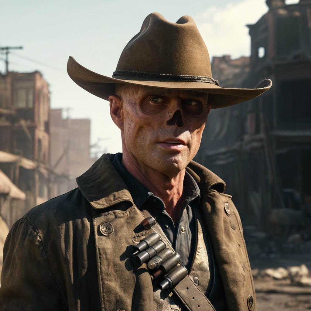 Close up of cooper the ghoul with no nose but otherwise looking like 50 year old Walton Goggins the actor but with smooth...