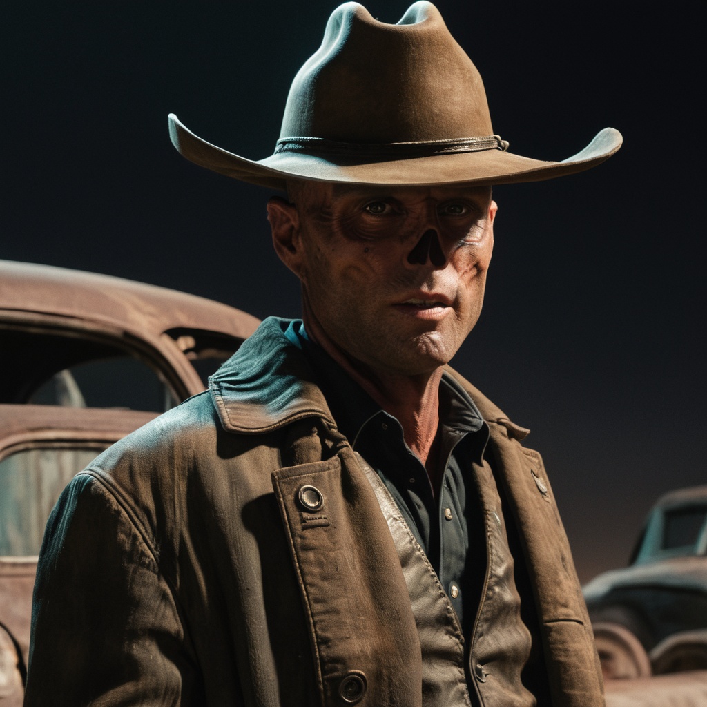 Close up of cooper the ghoul with no nose but otherwise looking like 50 year old Walton Goggins the actor but with smooth...