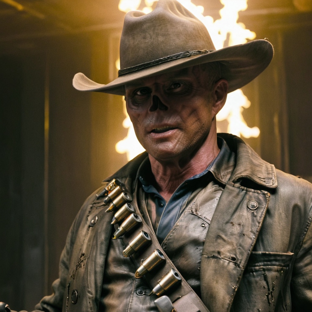 Close up of cooper the ghoul with no nose but otherwise looking like 50 year old Walton Goggins the actor but with smooth...