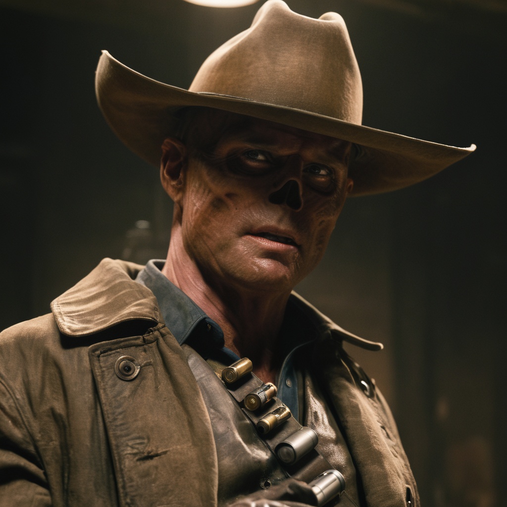 Close up of cooper the ghoul with no nose but otherwise looking like 50 year old Walton Goggins the actor but with smooth...