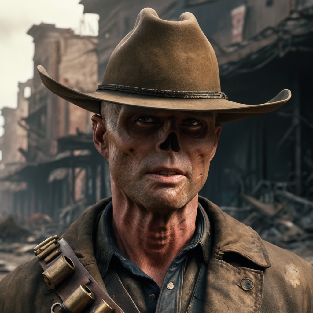Close up of cooper the ghoul with no nose but otherwise looking like 50 year old Walton Goggins the actor but with smooth...