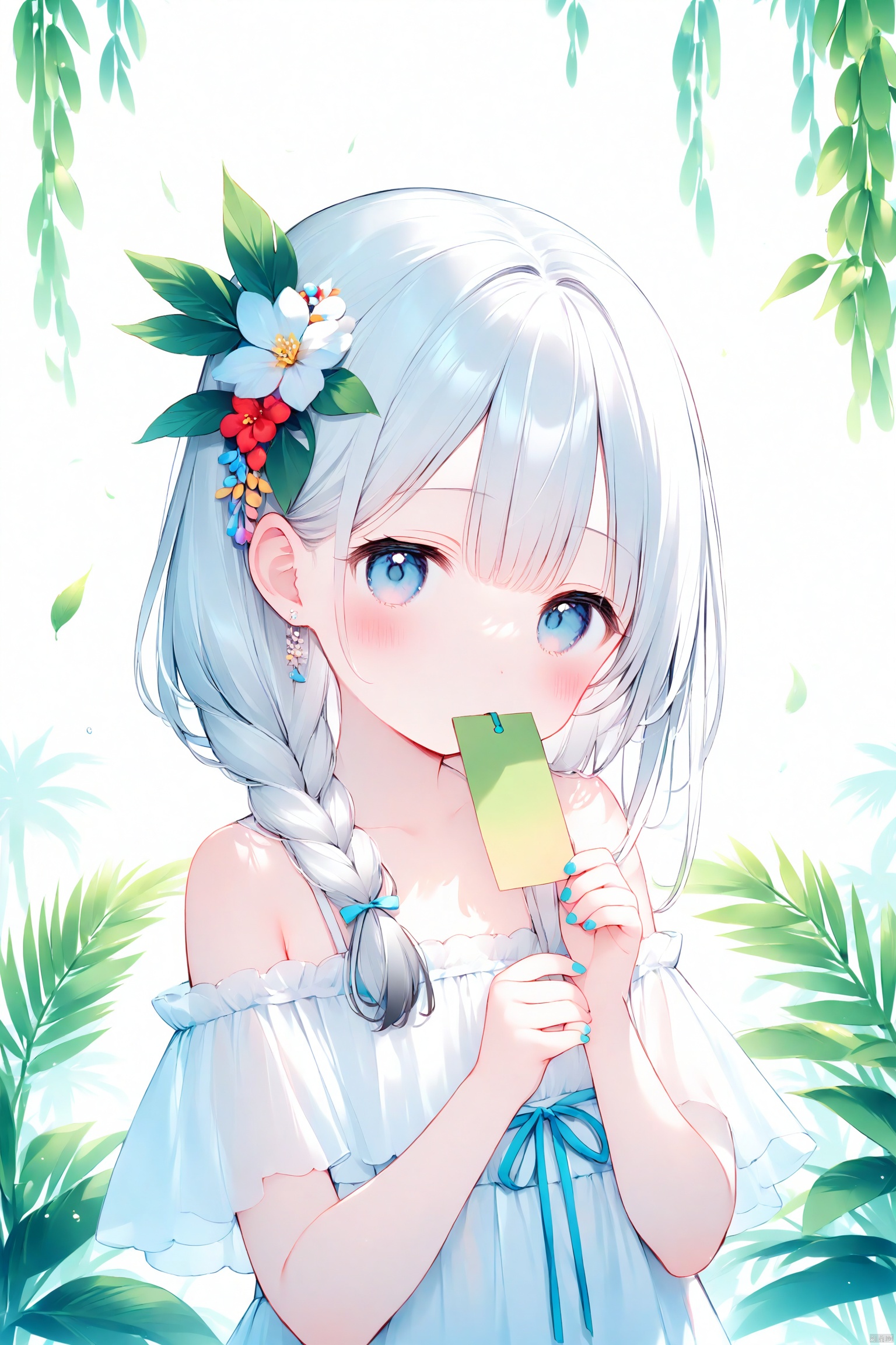  loli,1girl, white hair,solo, best quality, vivid color, white background, leaf background, upper body, looking at viewer, blush, tanzaku, tanabata, long hair, braid, hair flower, hair over shoulder, bangs, white dress, bare shoulders, off shoulder, nail polish, hand up, palm tree, palm leaf, potted plant, bamboo, branch
