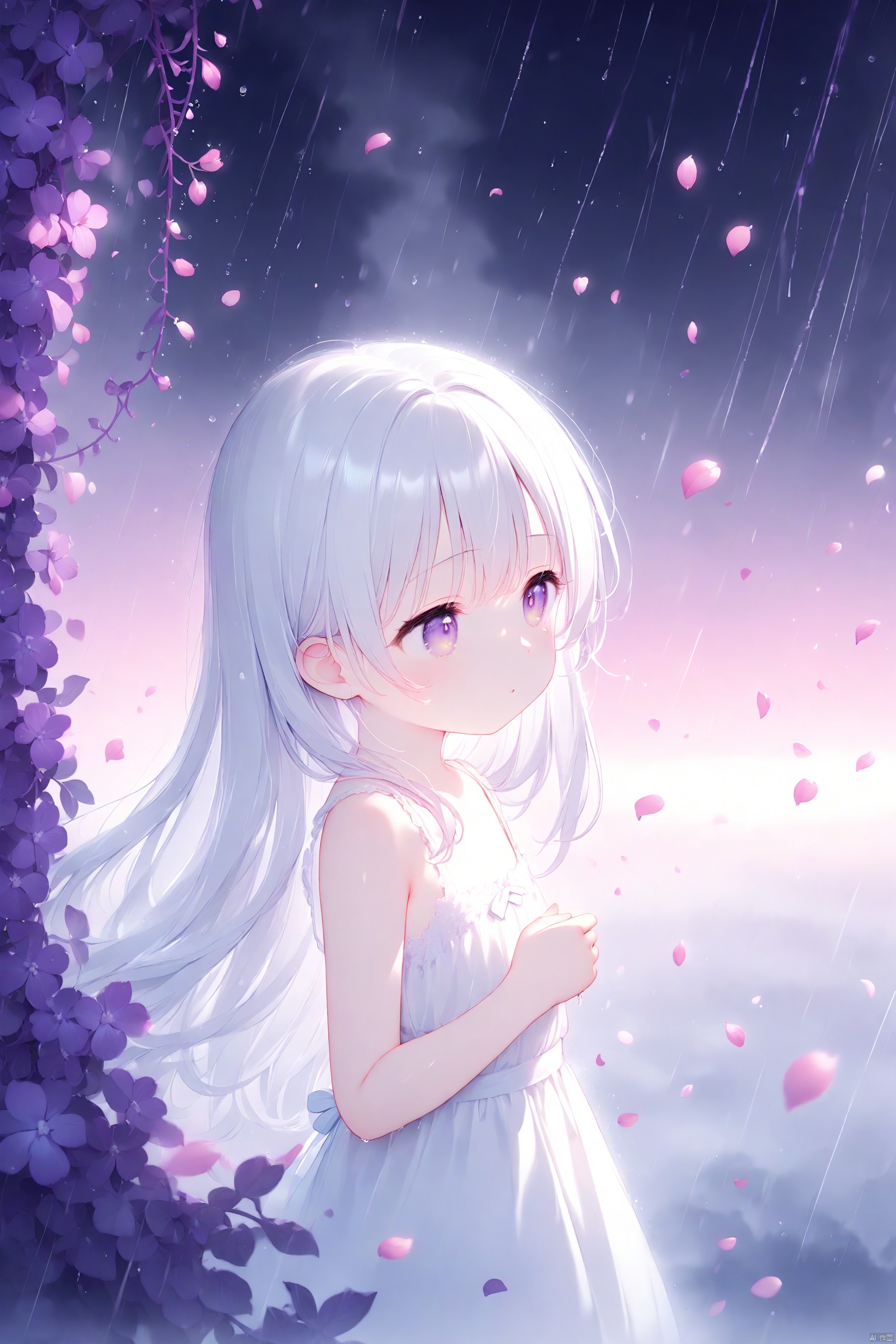 (masterpiece),(best quality),illustration,ultra detailed,hdr,Depth of field,(colorful),loli,white background,Dundar effect,a lot of purple vines,vines covering half of the painting,delicate plant details,a girl,girl,petite girl,long white hair,golden pupils,white dress,bare feet,side,side,upper body,head up,sad eyes,rain,light,figure light,petals,purple filter,left,fog,dream,unreal,Blur,float light,