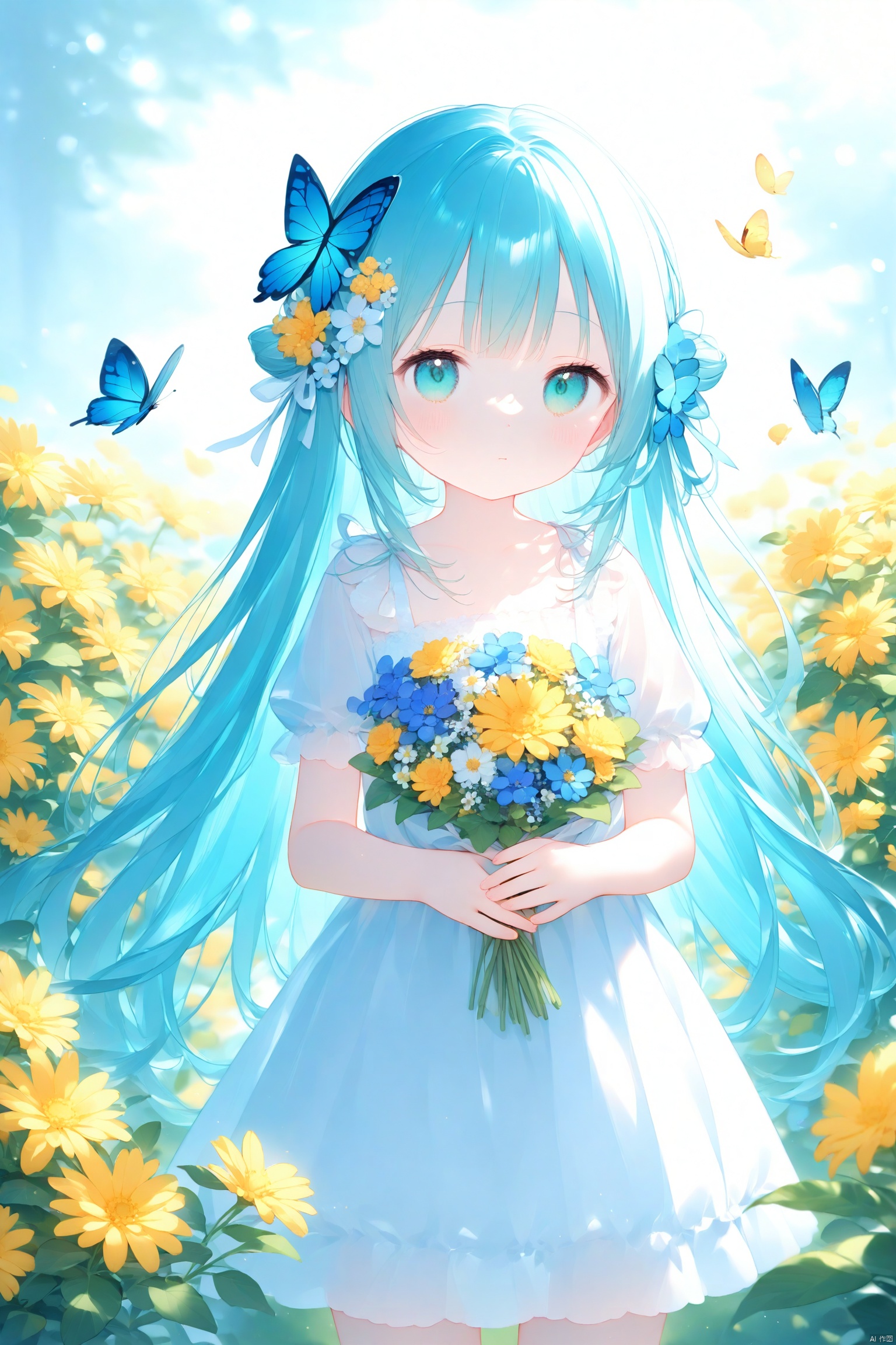 1girl,(loli:1.2),solo,long hair,looking at viewer,bangs,blue eyes,hair ornament,dress,holding,very long hair,closed mouth,standing,flower,short sleeves,outdoors,day,white dress,blurry,aqua eyes,aqua hair,depth of field,blurry background,sunlight,bug,plant,white flower,butterfly,bouquet,yellow flower,holding flower,butterfly hair ornament,holding bouquet,blue butterfly,gradient eyes,hair_flower