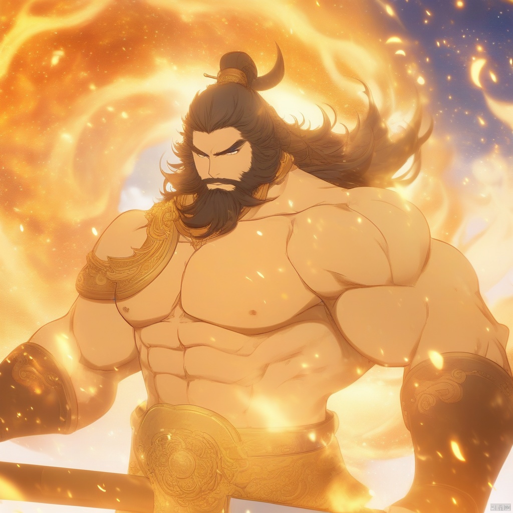 pangu, aura, magic, male focus, beard, muscular, facial hair, ,muscular male, long hair, fire, abs, pectorals, armor, weapon, shoulder armor, mature male, pauldrons