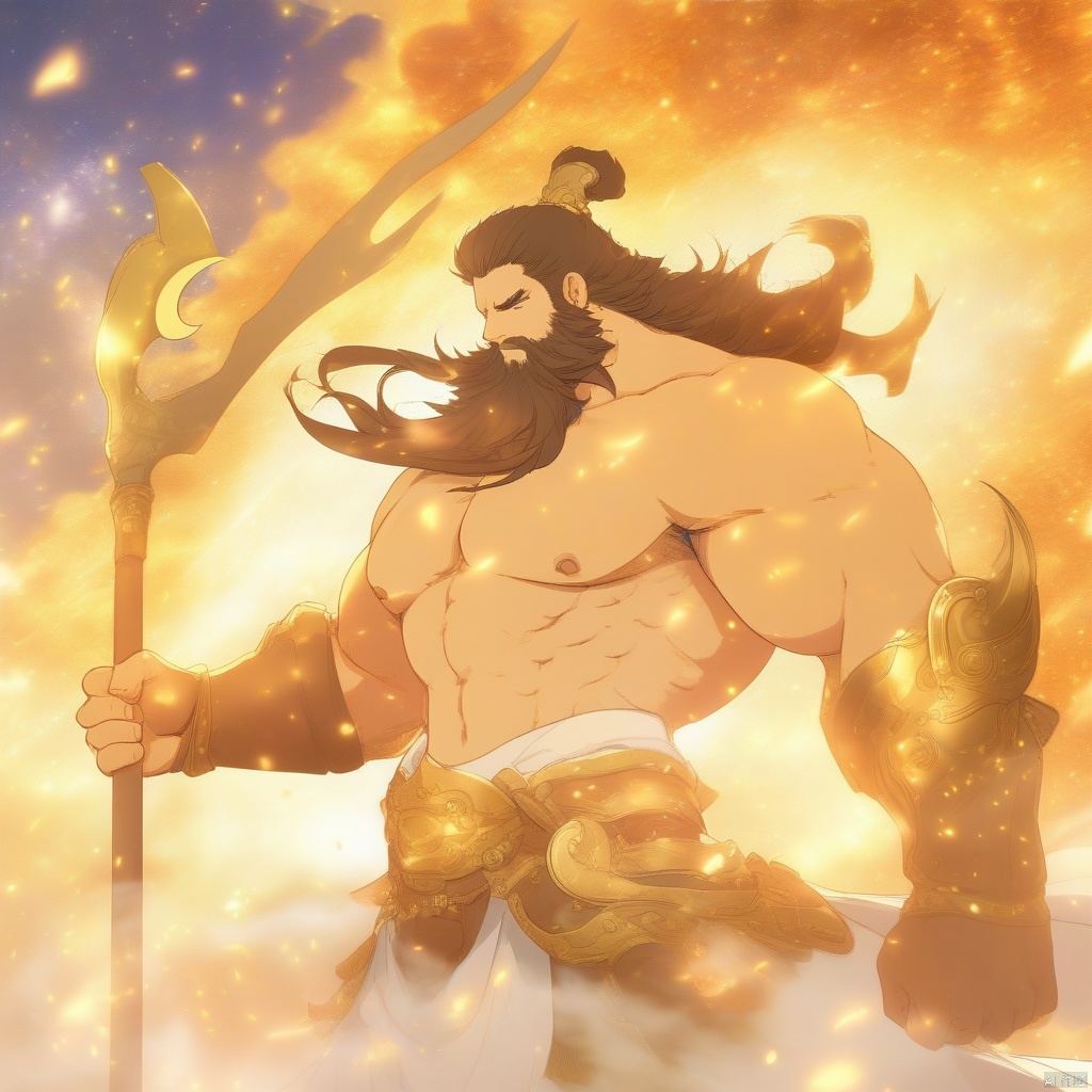 pangu, aura, magic, male focus, beard, muscular, facial hair, ,muscular male, long hair, fire, abs, pectorals, armor, weapon, shoulder armor, mature male, pauldrons
