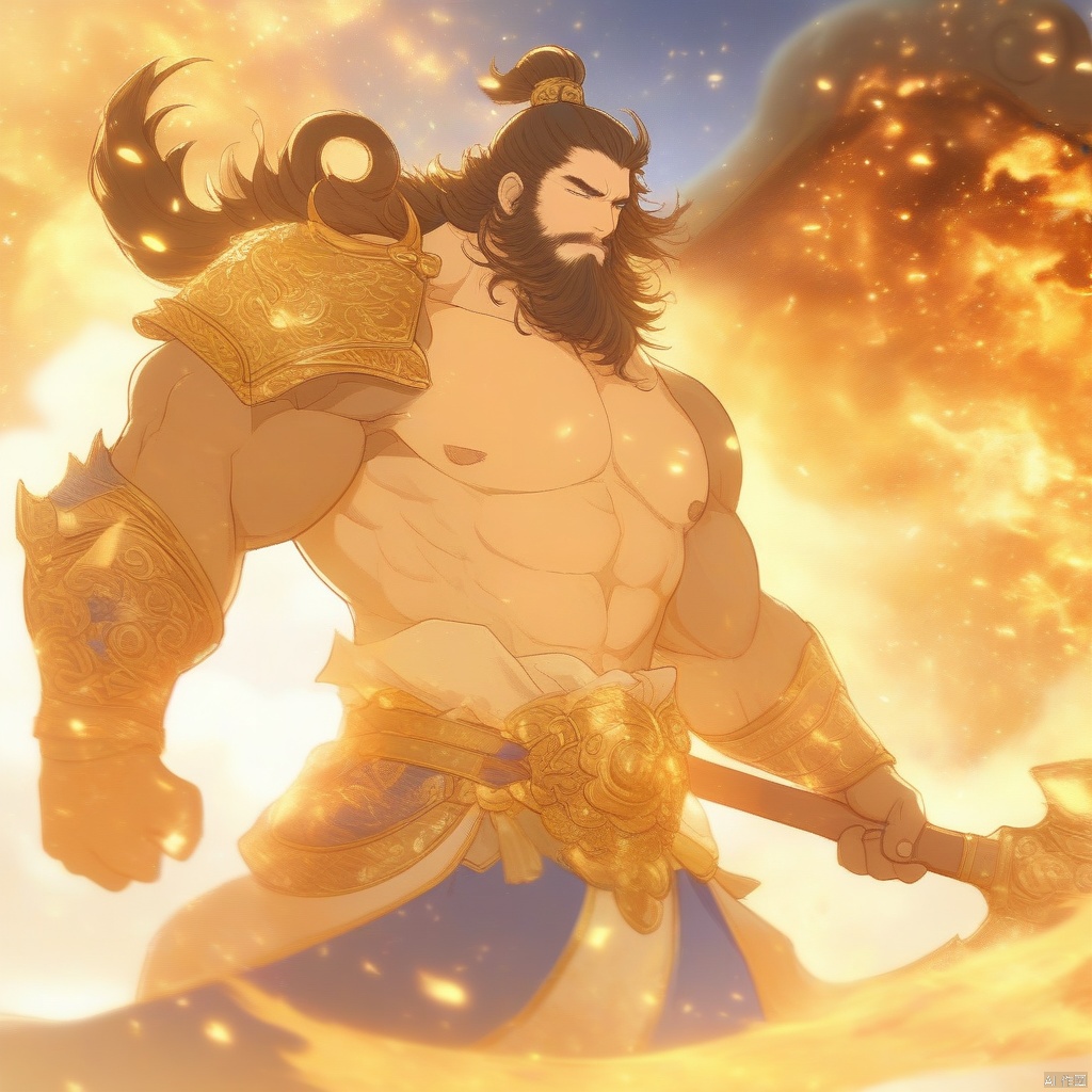 pangu, aura, magic, male focus, beard, muscular, facial hair, ,muscular male, long hair, fire, abs, pectorals, armor, weapon, shoulder armor, mature male, pauldrons