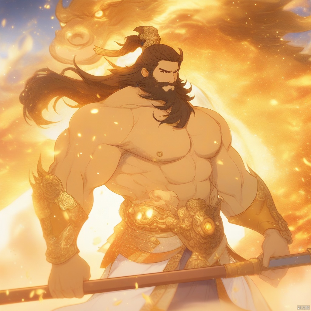 pangu, aura, magic, male focus, beard, muscular, facial hair, ,muscular male, long hair, fire, abs, pectorals, armor, weapon, shoulder armor, mature male, pauldrons