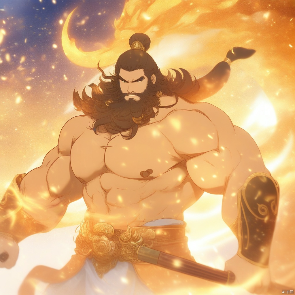 pangu, aura, magic, male focus, beard, muscular, facial hair, ,muscular male, long hair, fire, abs, pectorals, armor, weapon, shoulder armor, mature male, pauldrons