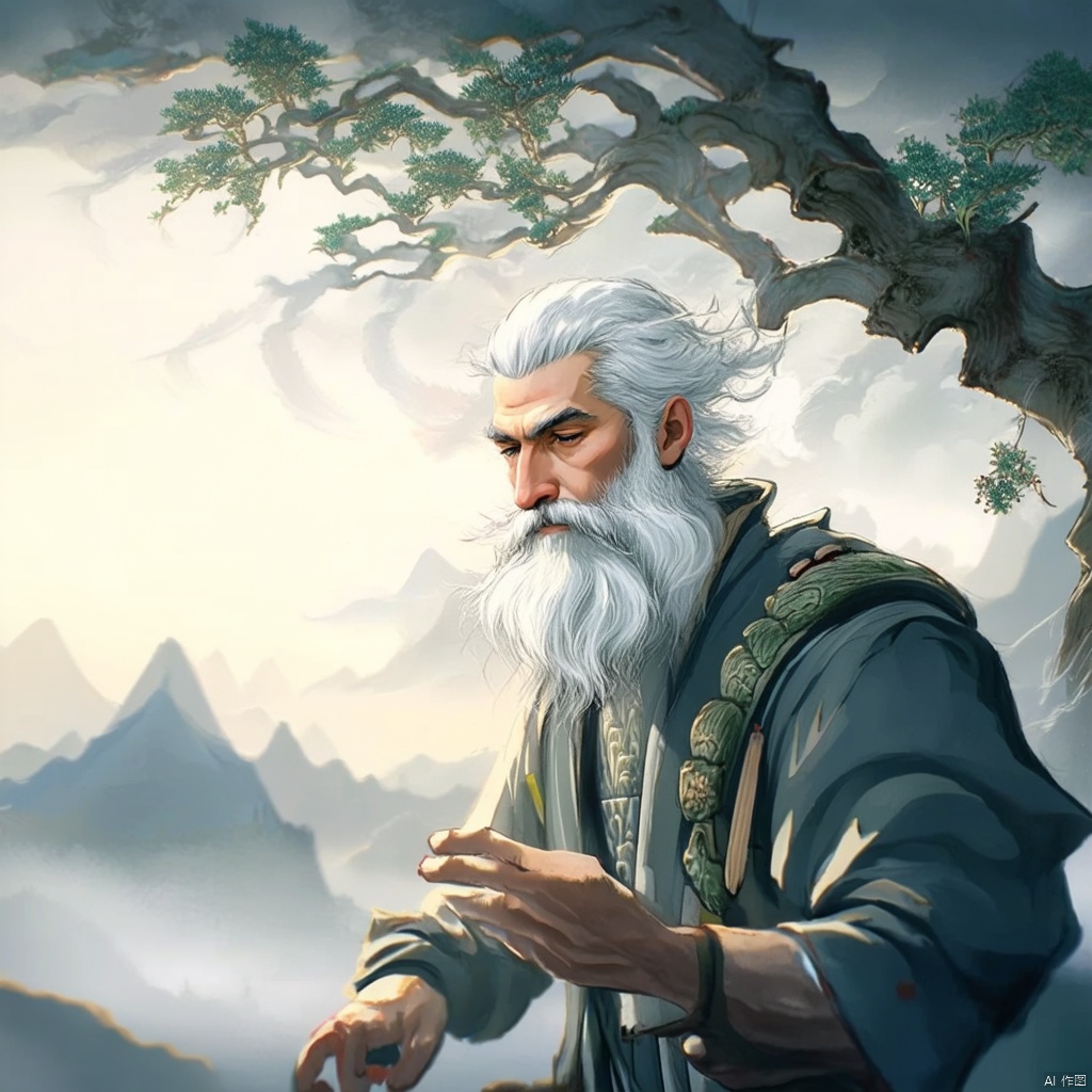 Envision an image of a young man with ethereal white hair, holding a mystical tree branch, his face the central focus. He has a distinctive beard, styled in the manner of ancient Chinese mythology, adding an air of wisdom and tradition. The lighting is ethereal, casting a soft glow that accentuates the intricate details of his facial hair and the flowing locks of his hair. The composition centers on his contemplative face, with the tree branch, reminiscent of a mythical Chinese tree, extending gracefully to the side. The background is a blend of traditional Chinese elements, such as clouds and mountains, creating a harmonious and mythical atmosphere.