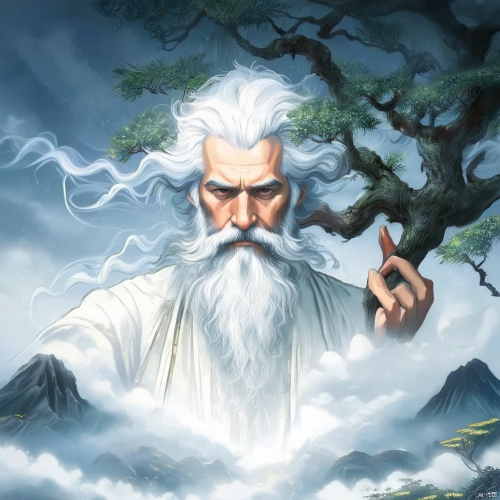 Envision an image of a young man with ethereal white hair, holding a mystical tree branch, his face the central focus. He has a distinctive beard, styled in the manner of ancient Chinese mythology, adding an air of wisdom and tradition. The lighting is ethereal, casting a soft glow that accentuates the intricate details of his facial hair and the flowing locks of his hair. The composition centers on his contemplative face, with the tree branch, reminiscent of a mythical Chinese tree, extending gracefully to the side. The background is a blend of traditional Chinese elements, such as clouds and mountains, creating a harmonious and mythical atmosphere.