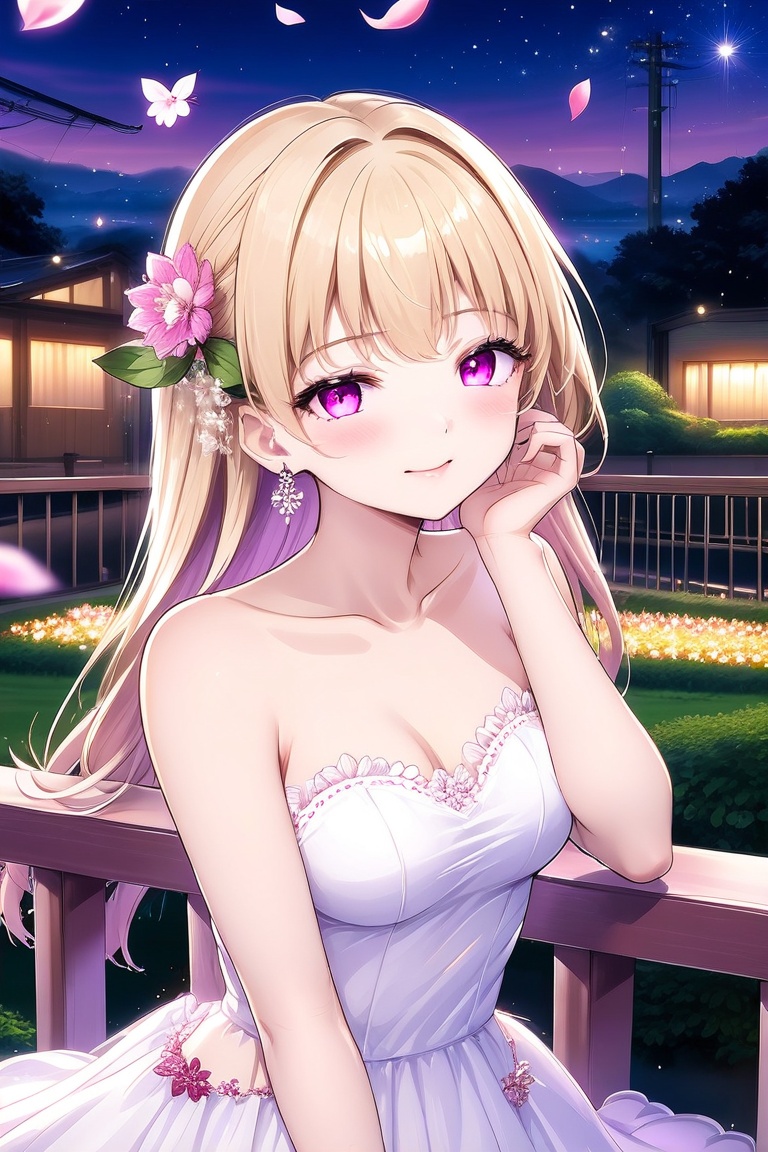 1girl, solo, long hair, breasts, looking at viewer, blush, bangs, blonde hair, hair ornament, dress, cleavage, bare shoulders, jewelry, medium breasts, purple eyes, collarbone, upper body, flower, earrings, outdoors, parted lips, sleeveless, hair flower, pink eyes, white dress, lips, petals, night, sleeveless dress, cherry blossoms, night sky, railing, falling petals, masterpiece quality, Anime Style.