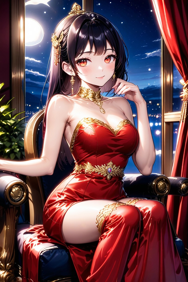 A very beautiful girl, elegant outfit (golden neckable, red evening dress, golden hairpin, bare shoulders, elagent makeup), hime cut hairstyle, masterpiece quality, big suite window in back, it's night time, looking at viewer, medium shot, sitting in a chair, crossing legs, stunning image, light particles, Anime Style.