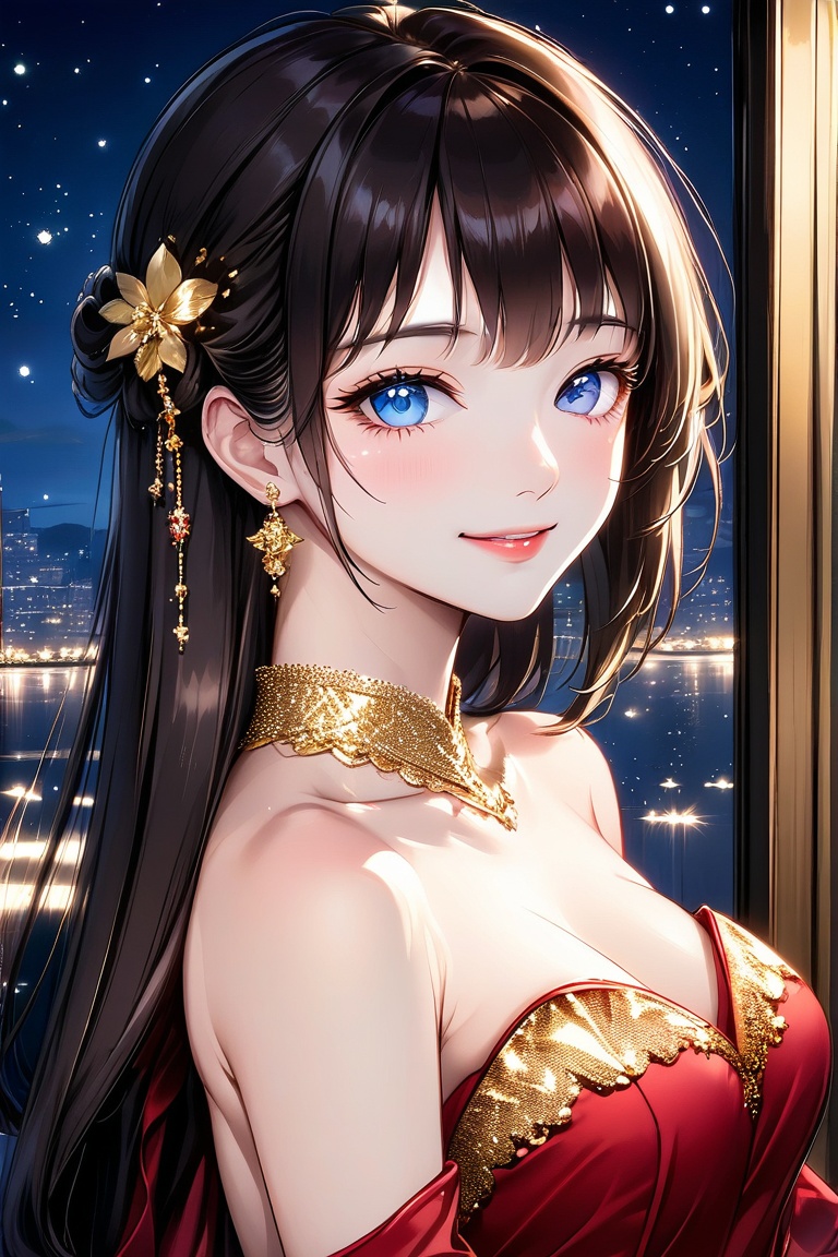A very beautiful girl, elegant outfit (golden neckable, red evening dress, golden hairpin, bare shoulders, elagent makeup), hime cut hairstyle, masterpiece quality, big suite window in back, it's night time, looking at viewer, upper body, stunning image, light particles, Anime Style.