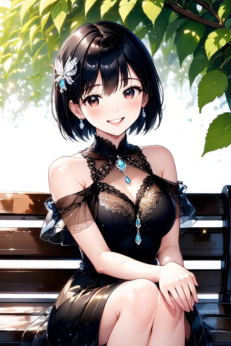 1girl, solo, breasts, looking at viewer, blush, smile, short hair, bangs, black hair, hair ornament, dress, jewelry, medium breasts, sitting, upper body, earrings, parted lips, black eyes, black dress, lips, see-through, leaf, gem, glint, bench, see-through sleeves, masterpiece quality, Anime Style.
