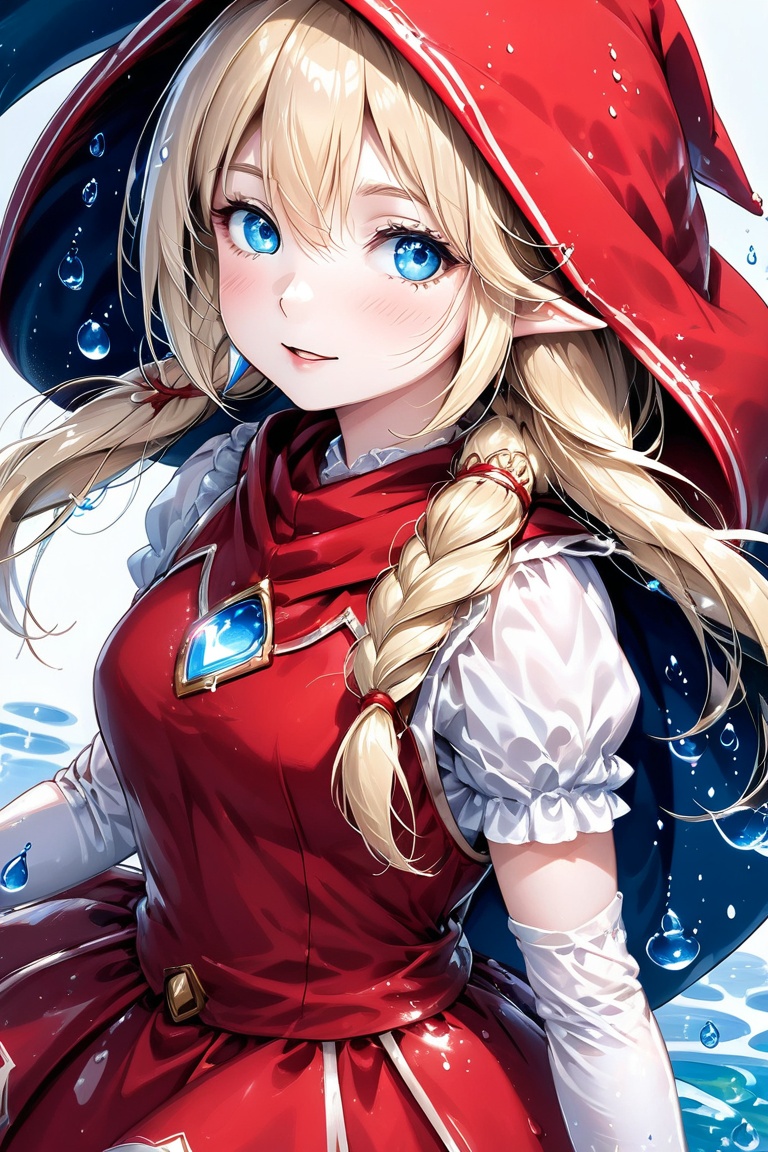 Beautiful girl. She is very badass, she wears a very fancy Little Red Riding Hood outfit. detailed image, detailed skin, medium shot, walking. ((twintails hairstyle)), blue eyes, blonde hair, white background, water droplets in background.