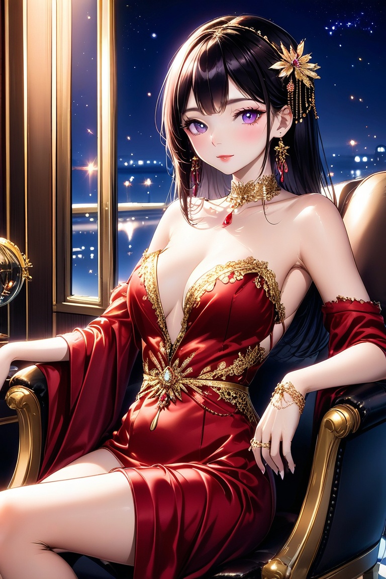 A very beautiful girl, elegant outfit (golden neckable, red evening dress, golden hairpin, bare shoulders, elagent makeup), hime cut hairstyle, masterpiece quality, big suite window in back, it's night time, looking at viewer, medium shot, sitting in a chair, crossing legs, stunning image, light particles, Anime Style.
