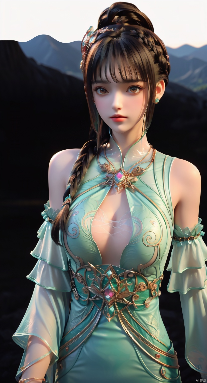 1girl, bangs, bare shoulders, black hair, blunt bangs, collarbone, earrings, eyelashes, gem, jewelry, lips, long hair, necklace, realistic,solo, tiara,braid, breasts, detached sleeves, dress,hair ornament, brown eyes, brown hair,butterfly, looking at viewer, long sleeves, sleeveless, chinese clothes, green dress,pendant,flower, ,(flower beds:1.4), huge flowers, petals flying, the wind,Park, midview, mountains, water,Shiny skin,