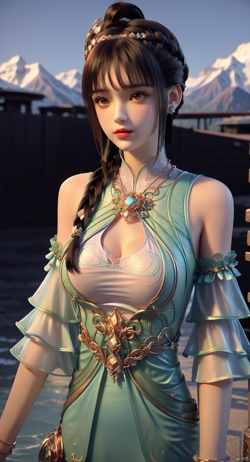 1girl, bangs, bare shoulders, black hair, blunt bangs, collarbone, earrings, eyelashes, gem, jewelry, lips, long hair, necklace, realistic,solo, tiara,braid, breasts, detached sleeves, dress,hair ornament, brown eyes, brown hair,butterfly, looking at viewer, long sleeves, sleeveless, chinese clothes, green dress,pendant,flower, ,(flower beds:1.4), huge flowers, petals flying, the wind,Park, midview, mountains, water,Shiny skin,