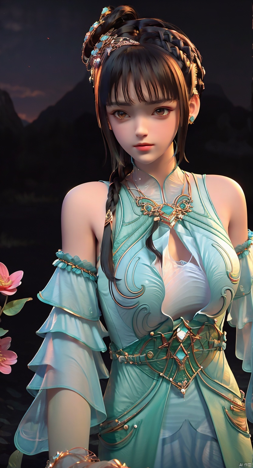1girl, bangs, bare shoulders, black hair, blunt bangs, collarbone, earrings, eyelashes, gem, jewelry, lips, long hair, necklace, realistic,solo, tiara,braid, breasts, detached sleeves, dress,hair ornament, brown eyes, brown hair,butterfly, looking at viewer, long sleeves, sleeveless, chinese clothes, green dress,pendant,flower, ,(flower beds:1.4), huge flowers, petals flying, the wind,Park, midview, mountains, water,Shiny skin,