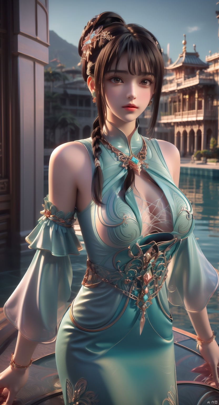 1girl, bangs, bare shoulders, black hair, blunt bangs, collarbone, earrings, eyelashes, gem, jewelry, lips, long hair, necklace, realistic,solo, tiara,braid, breasts, detached sleeves, dress,hair ornament, brown eyes, brown hair,butterfly, looking at viewer, long sleeves, sleeveless, chinese clothes, green dress,pendant,flower, ,(flower beds:1.4), huge flowers, petals flying, the wind,Park, midview, mountains, water,Shiny skin,