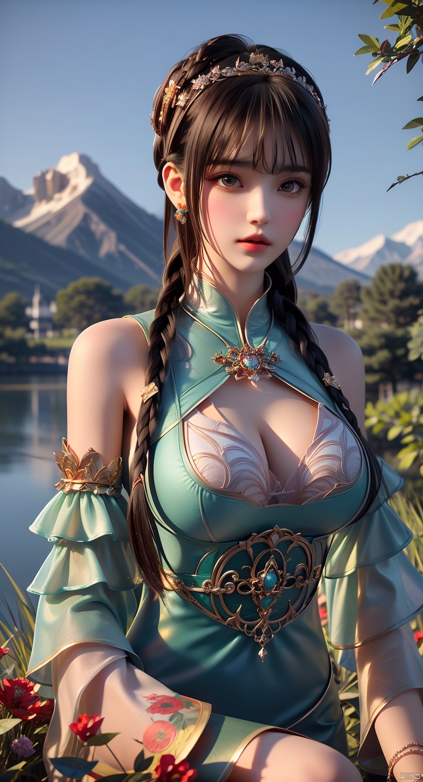 1girl, bangs, bare shoulders, black hair, blunt bangs, collarbone, earrings, eyelashes, gem, jewelry, lips, long hair, necklace, realistic,solo, tiara,braid, breasts, detached sleeves, dress,hair ornament, brown eyes, brown hair,butterfly, looking at viewer, long sleeves, sleeveless, chinese clothes, green dress,pendant,flower, ,(flower beds:1.4), huge flowers, petals flying, the wind,Park, midview, mountains, water,Shiny skin, ((poakl)),jiangmeng