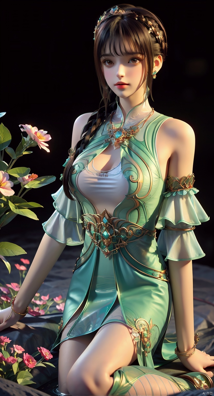 1girl, bangs, bare shoulders, black hair, blunt bangs, collarbone, earrings, eyelashes, gem, jewelry, lips, long hair, necklace, realistic,solo, tiara,braid, breasts, detached sleeves, dress,hair ornament, brown eyes, brown hair,butterfly, looking at viewer, long sleeves, sleeveless, chinese clothes, green dress,pendant,flower, ,(flower beds:1.4), huge flowers, petals flying, the wind,Park, midview, mountains, water,Shiny skin,