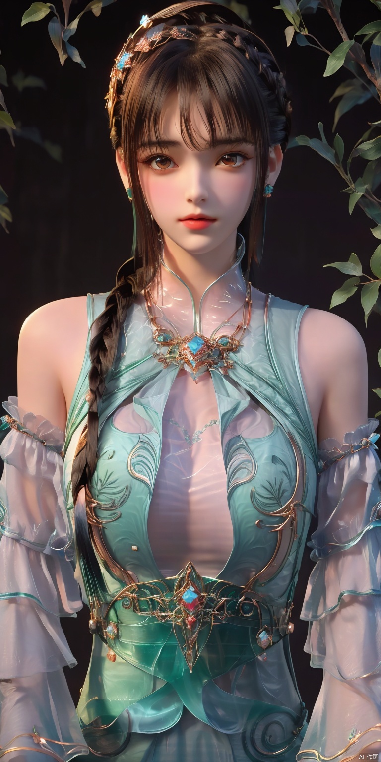 1girl, bangs, bare shoulders, black hair, blunt bangs, collarbone, earrings, eyelashes, gem, jewelry, lips, long hair, necklace, realistic,solo, tiara,braid, breasts, detached sleeves, dress,hair ornament, brown eyes, brown hair,butterfly, looking at viewer, long sleeves, sleeveless, chinese clothes, green dress,pendant,flower,GuoFengTangBoHu