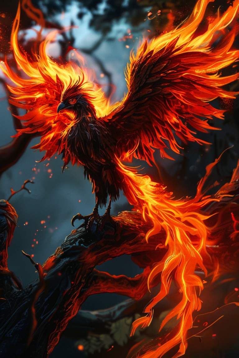 A big gorgeous phoenix with fiery wings sits on the branch of a charred tree. The feathers of the phoenix are fiery orange...